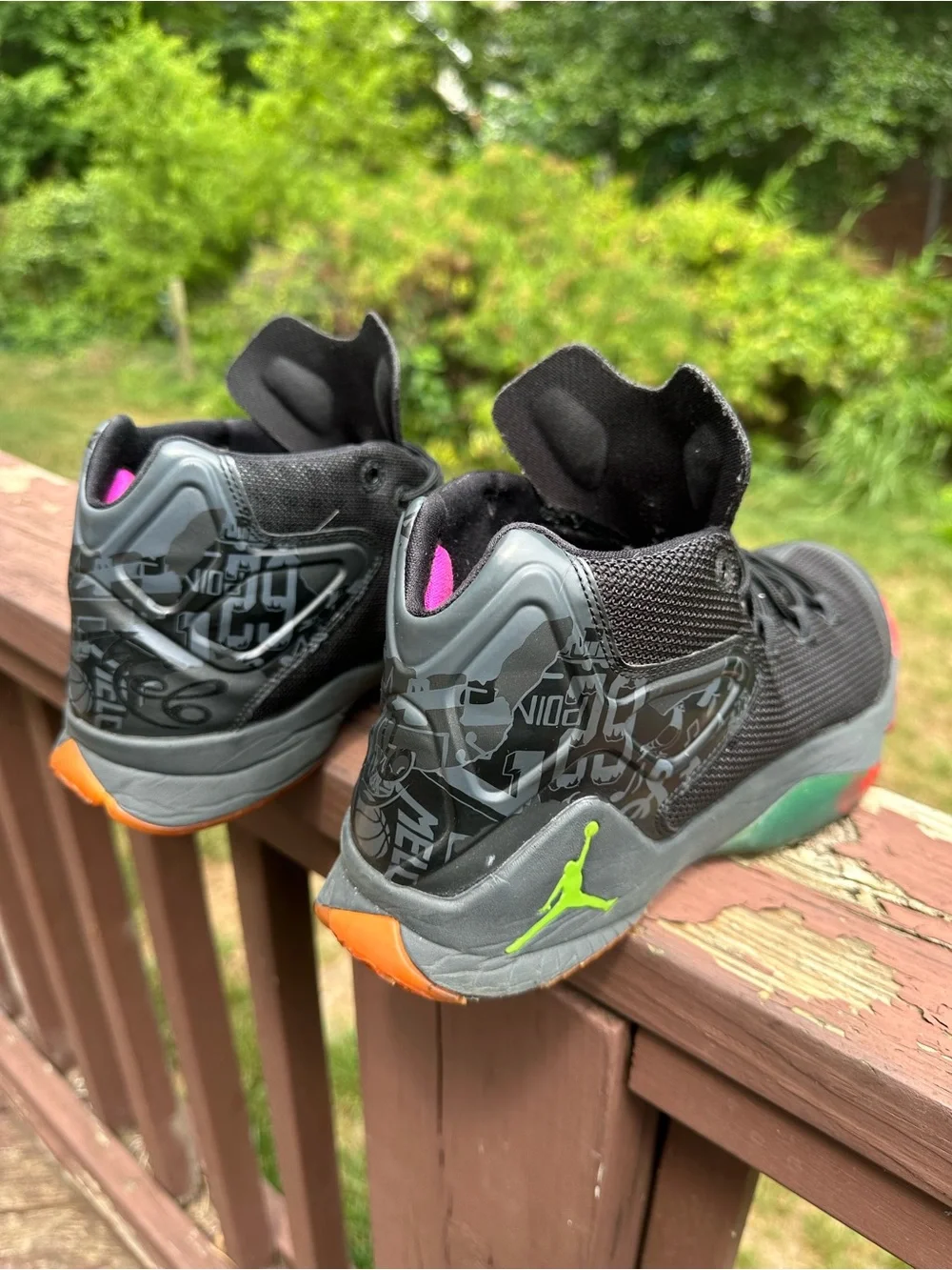Jordan Melo 12 Dungeon Sneakers with Red Accent and Neon Green Jumpman Size 11